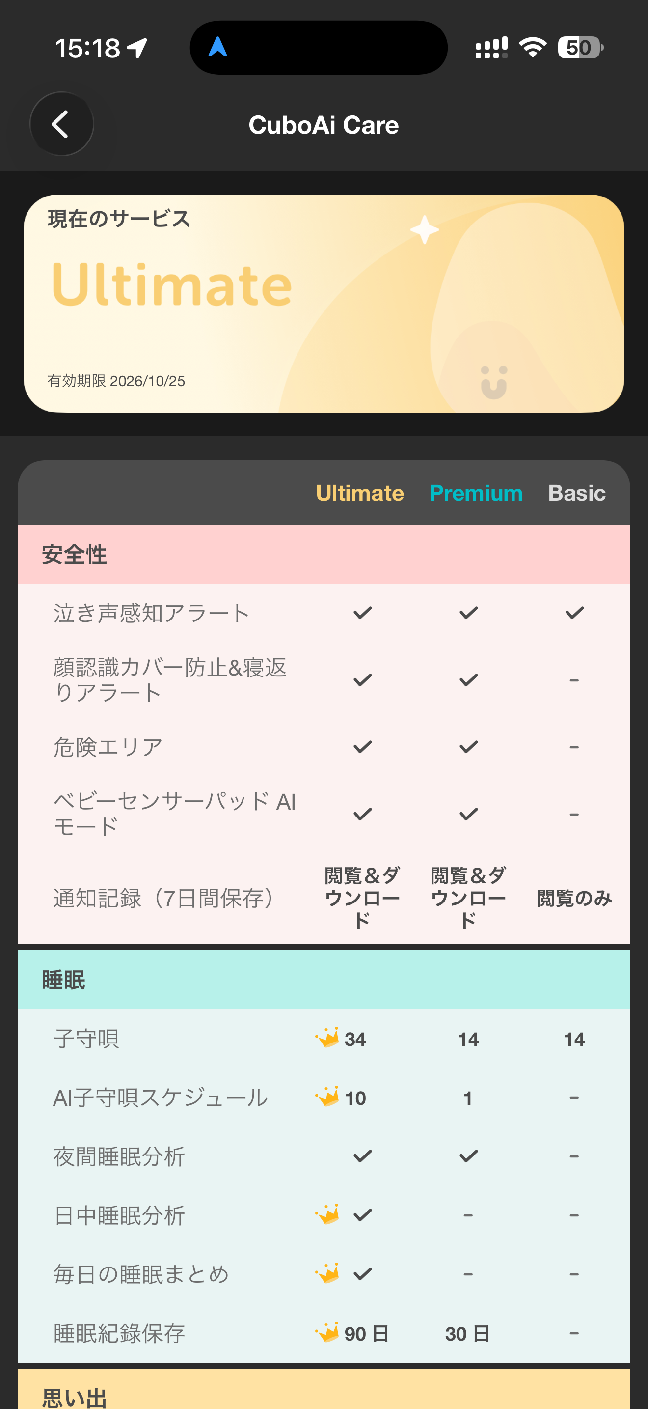 1台目のCuboAi Care画面。現在のサービスはUltimate、有効期限は2026年10月25日と表示